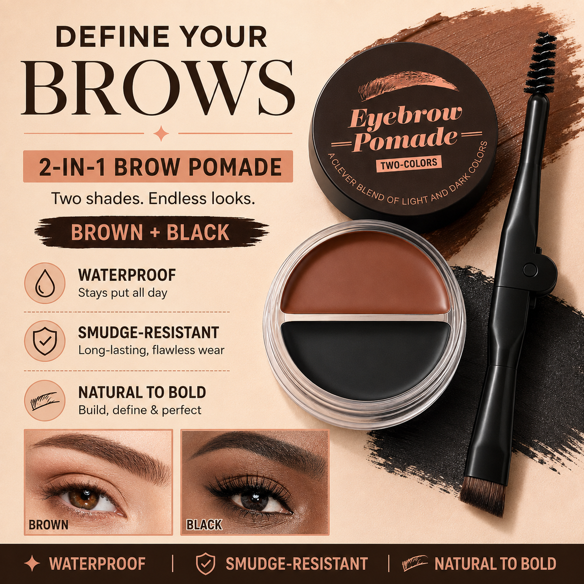 🎉Eyebrow Pomade – Brown & Black Waterproof Brow Cream with Dual-Ended Brush