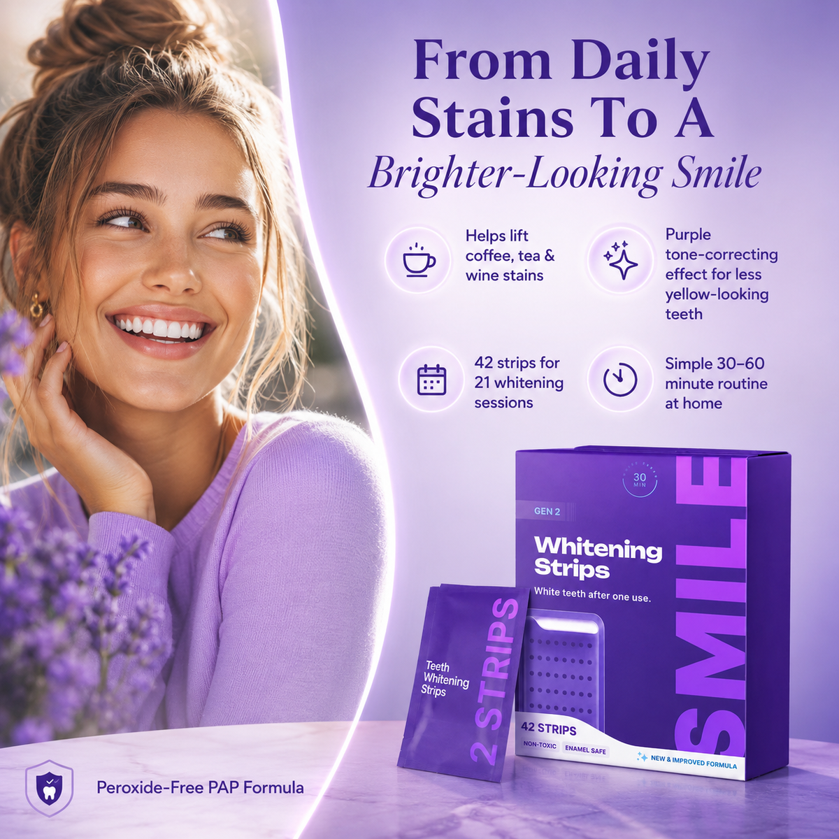 Purple Teeth Whitening Strips for Sensitive Teeth – Peroxide-Free | 7/21 Whitening Sessions