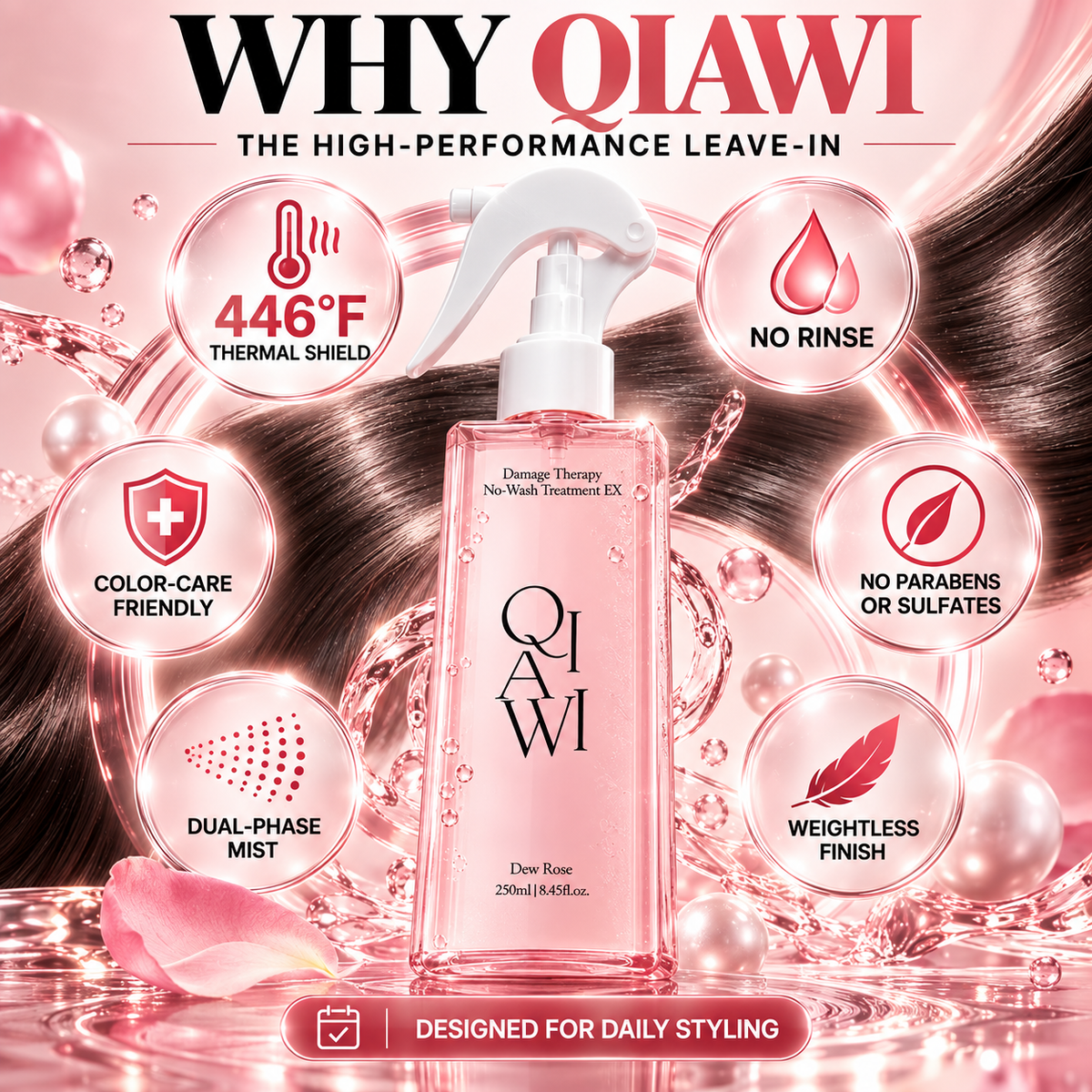 Rose Repair Leave-in Hair Spray—exuding the fragrance of rose and musk.